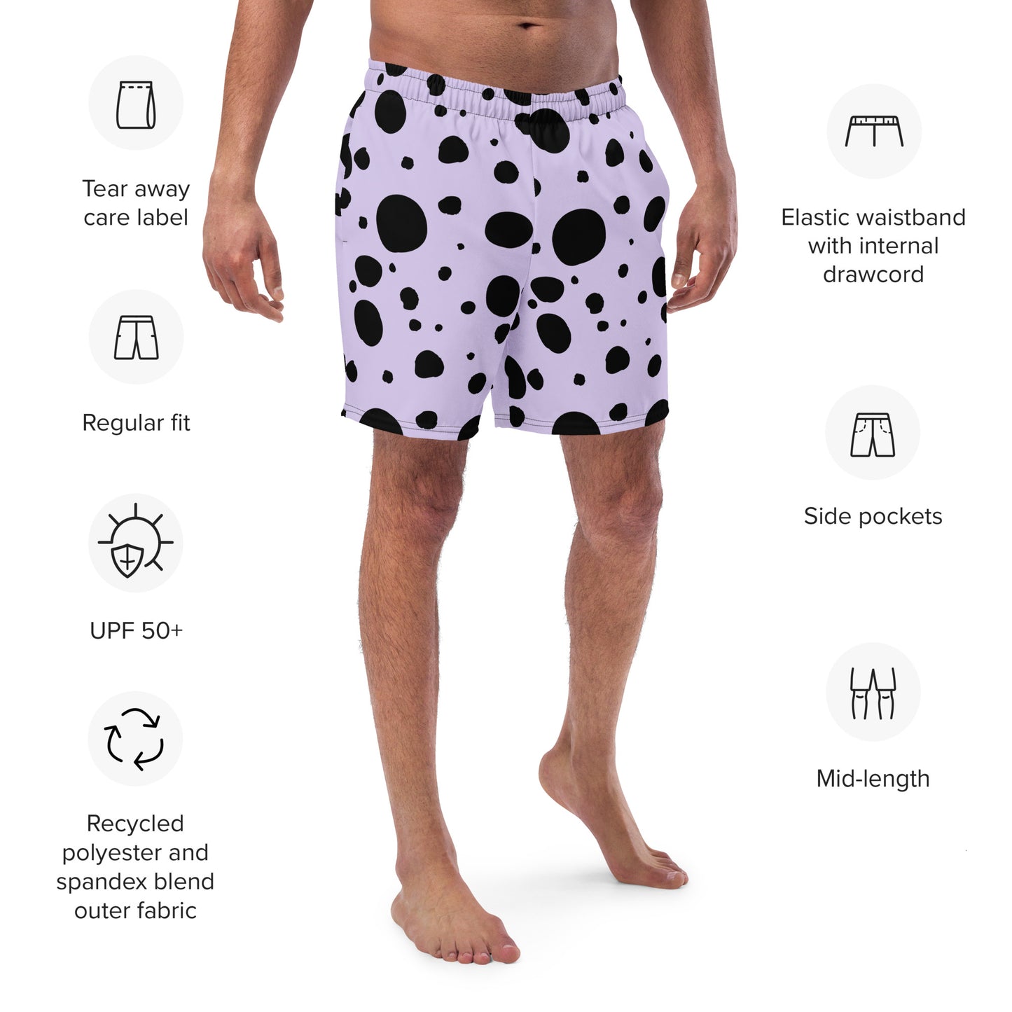 Men's swim trunks - Lavender trunks with Black Polka Dots