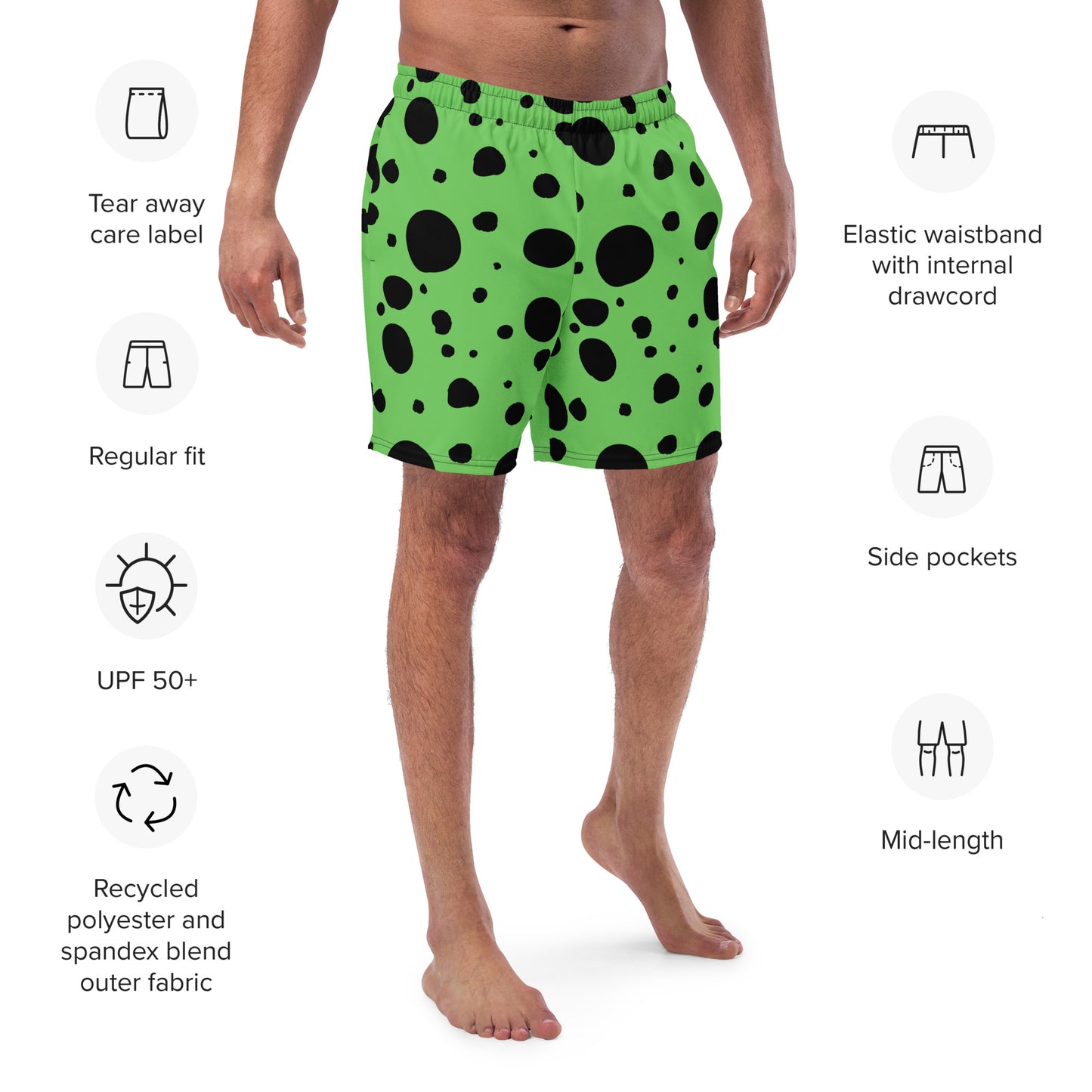 Men's swim trunks - Green trunks with Black Polka Dots