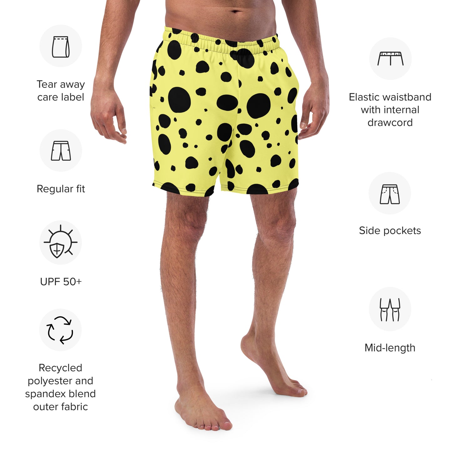 Men's swim trunks - Yellow trunks with Black Polka Dots