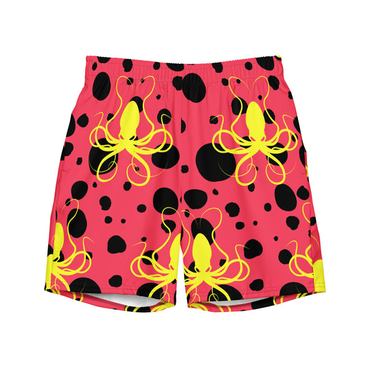 Men's swim trunks - Rad Red trunks with Black Polka Dots and Yellow Octopus Got Ink