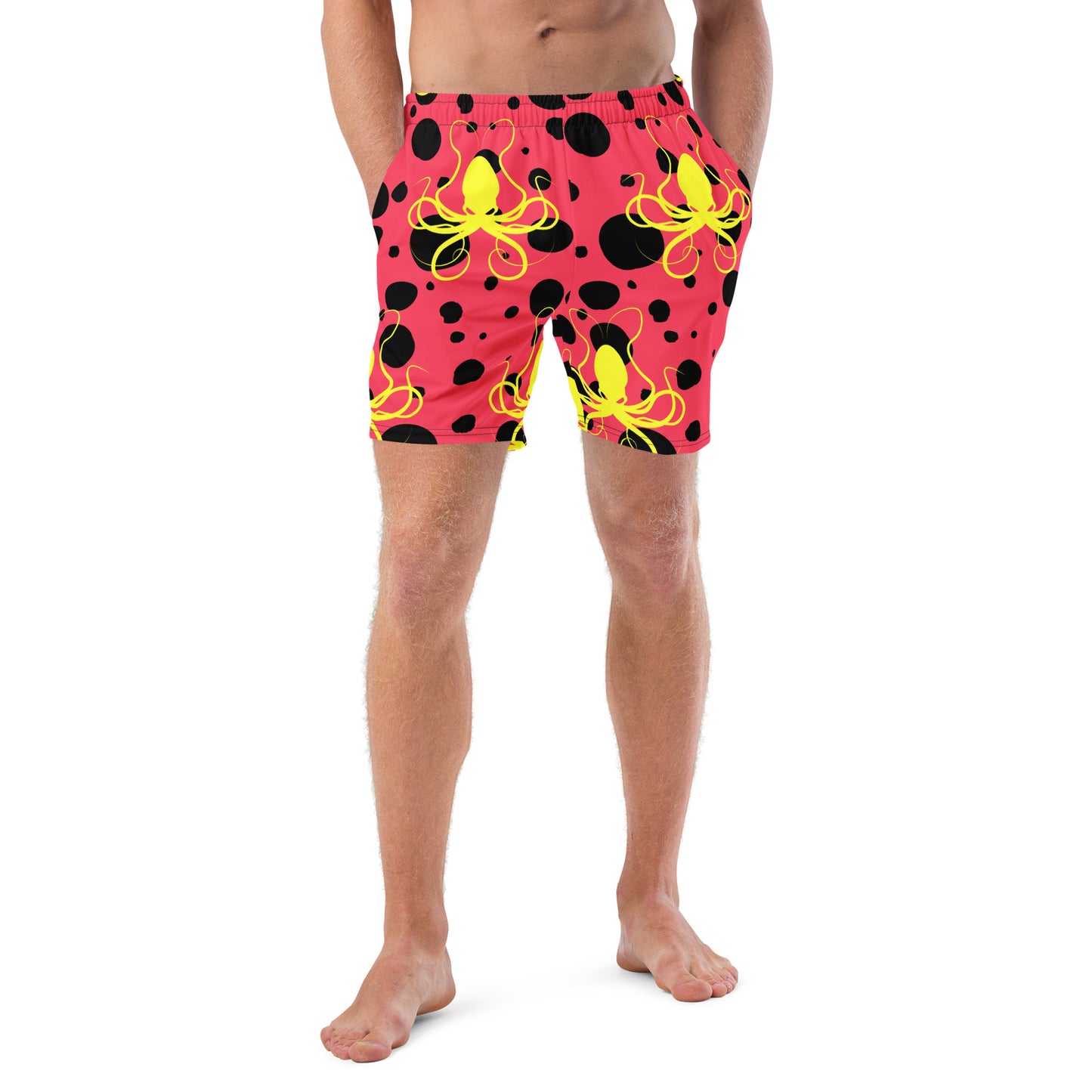 Men's swim trunks - Rad Red trunks with Black Polka Dots and Yellow Octopus Got Ink