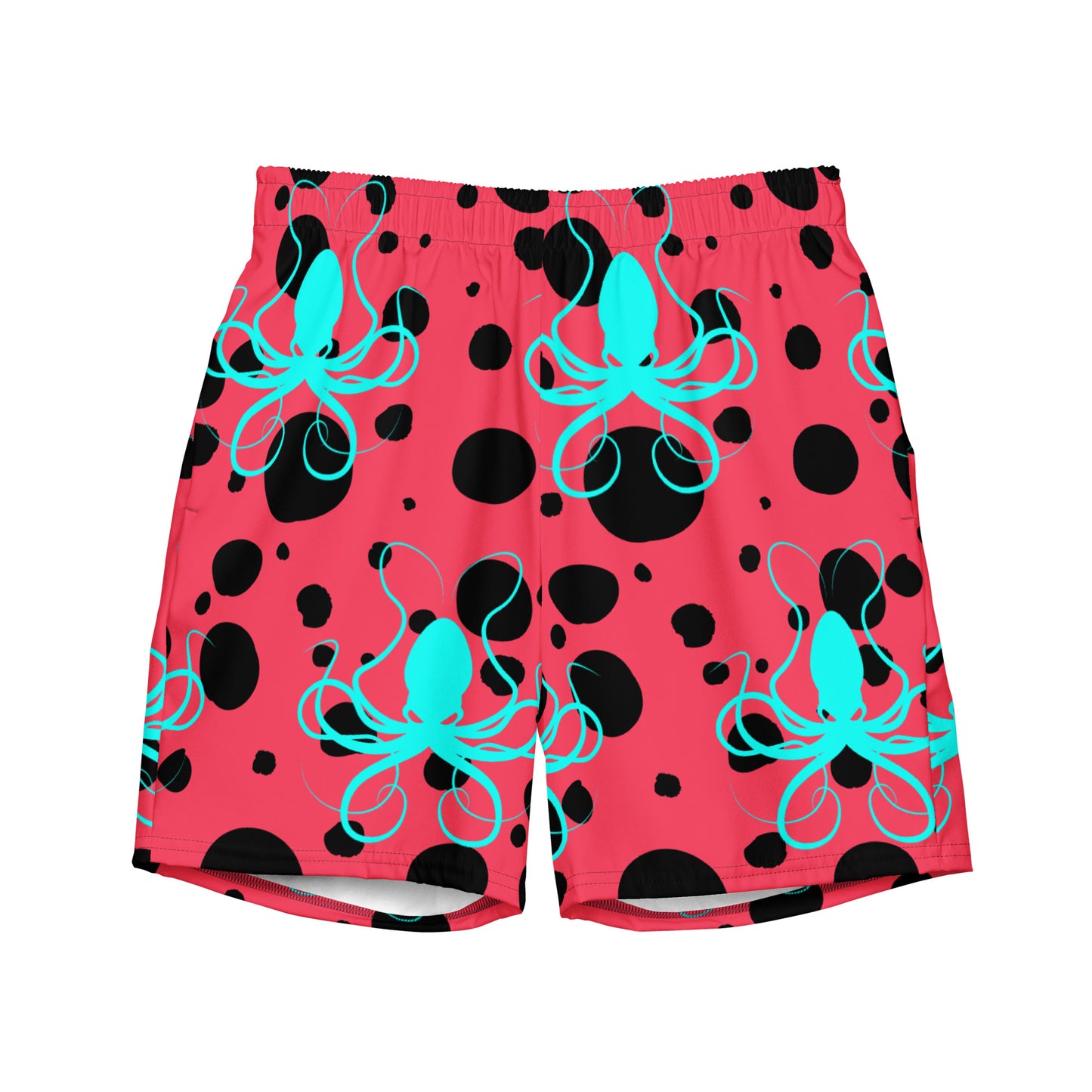 Men's swim trunks - Rad Red trunks with Black Polka Dots and Teal Octopus Got Ink