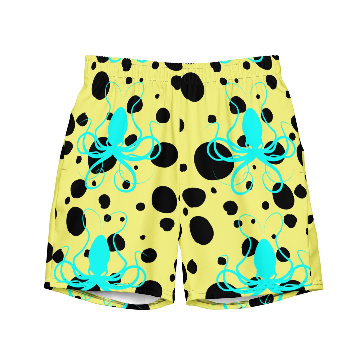 Men's swim trunks - Yellow trunks with Black Polka Dots and Teal Octopus Got Ink