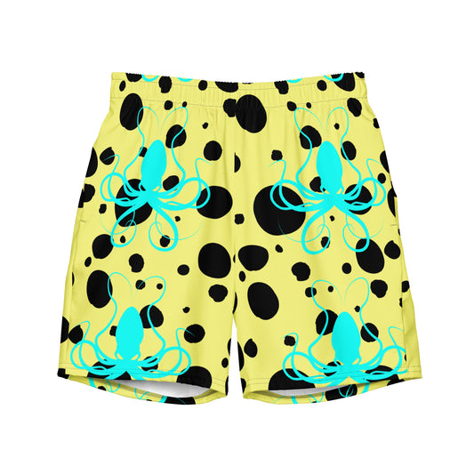 Men's swim trunks - Yellow trunks with Black Polka Dots and Teal Octopus Got Ink