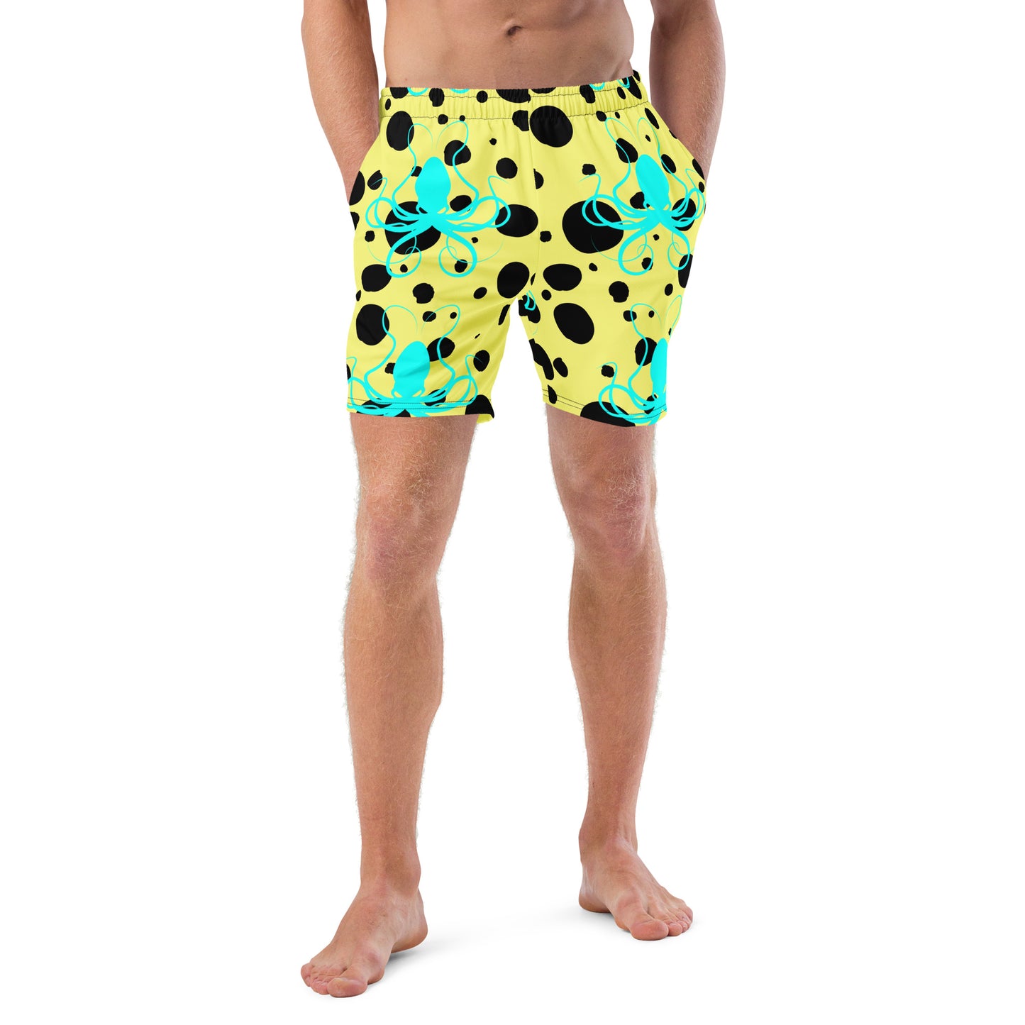 Men's swim trunks - Yellow trunks with Black Polka Dots and Teal Octopus Got Ink