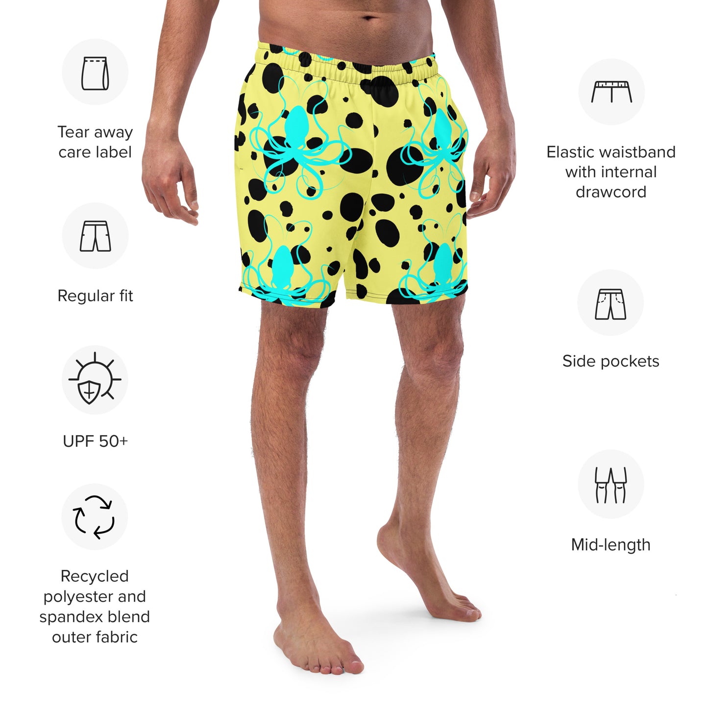 Men's swim trunks - Yellow trunks with Black Polka Dots and Teal Octopus Got Ink