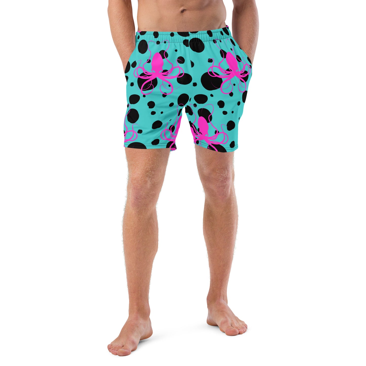 Men's swim trunks - Teal trunks with Black Polka Dots and Hot Pink Octopus Got Ink