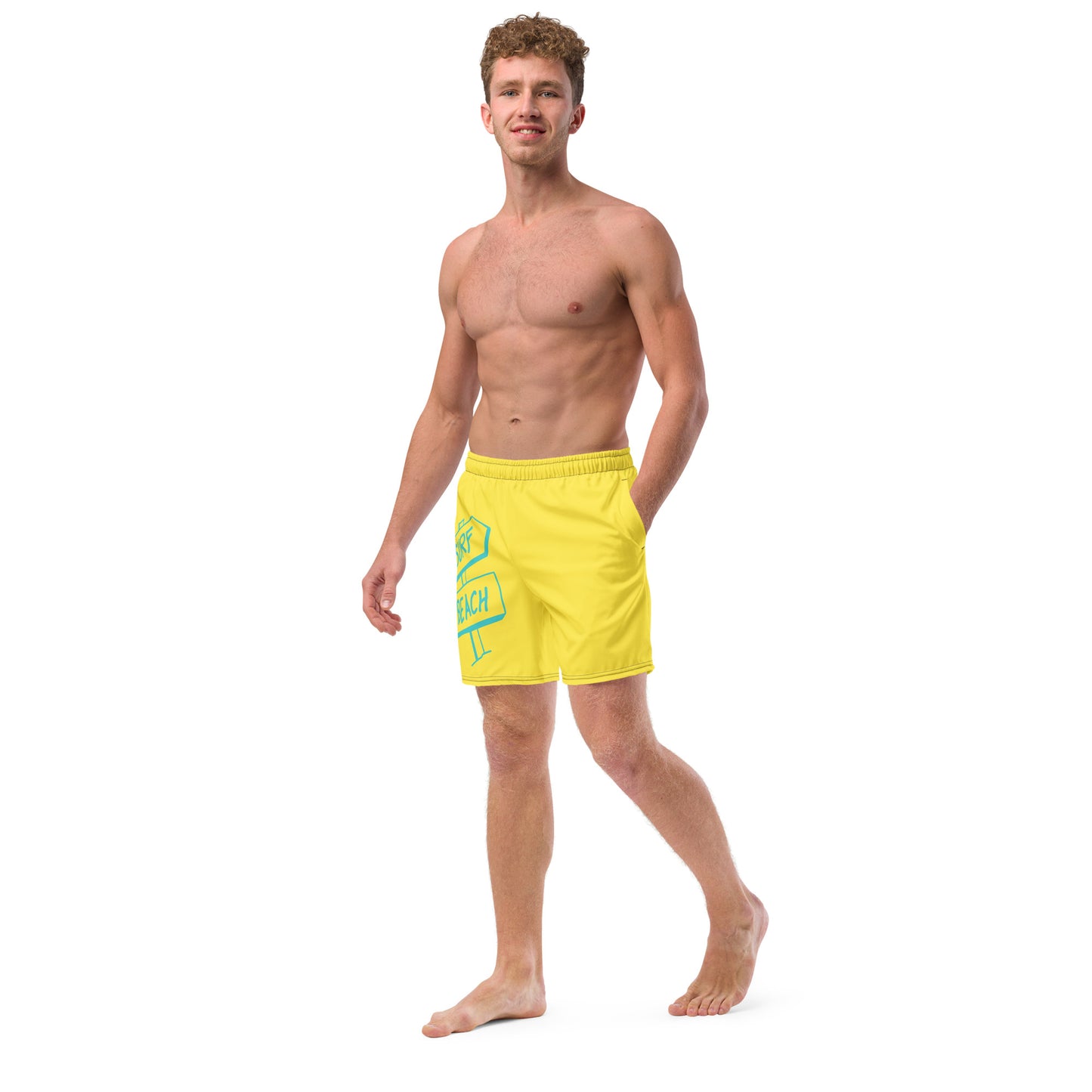 Men's and Youth swim trunks - Paris Daisy Bright Yellow With Beach Signs and Shark