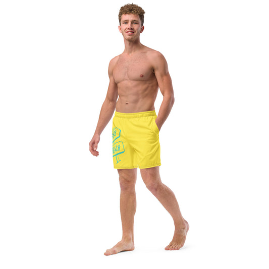 Men's and Youth swim trunks - Paris Daisy Bright Yellow With Beach Signs and Shark