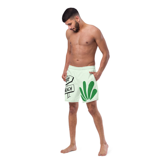 Men's and Youth swim trunks - Honeydew Green With Beach Signs, Seaweeds, and Turtle