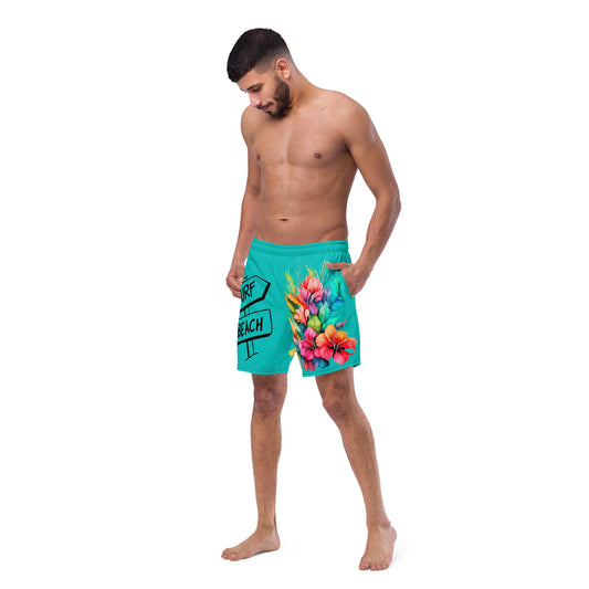 Men's and Youth swim trunks - Iris Blue with Beach Signs and Colorful Flowers