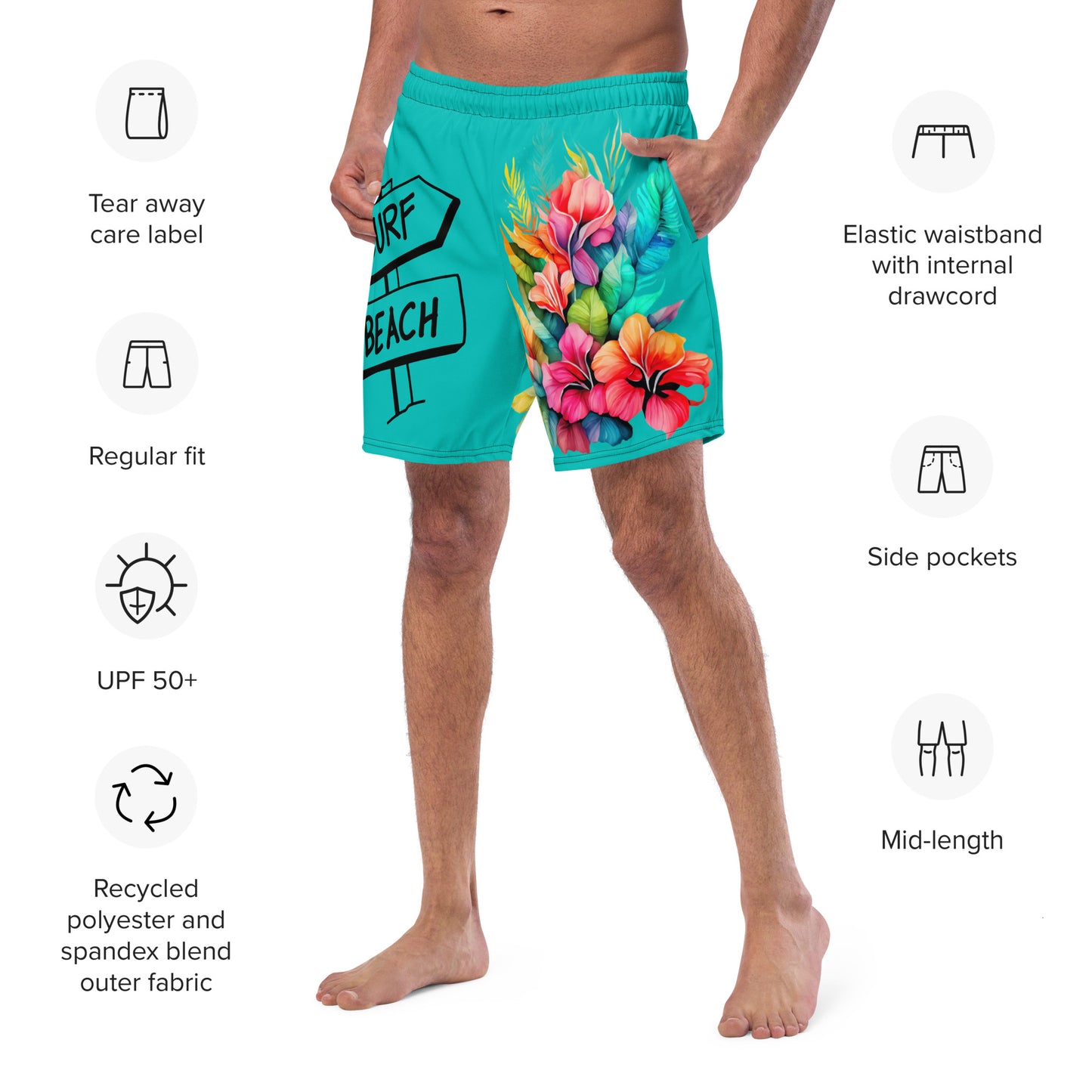 Men's and Youth swim trunks - Iris Blue with Beach Signs and Colorful Flowers