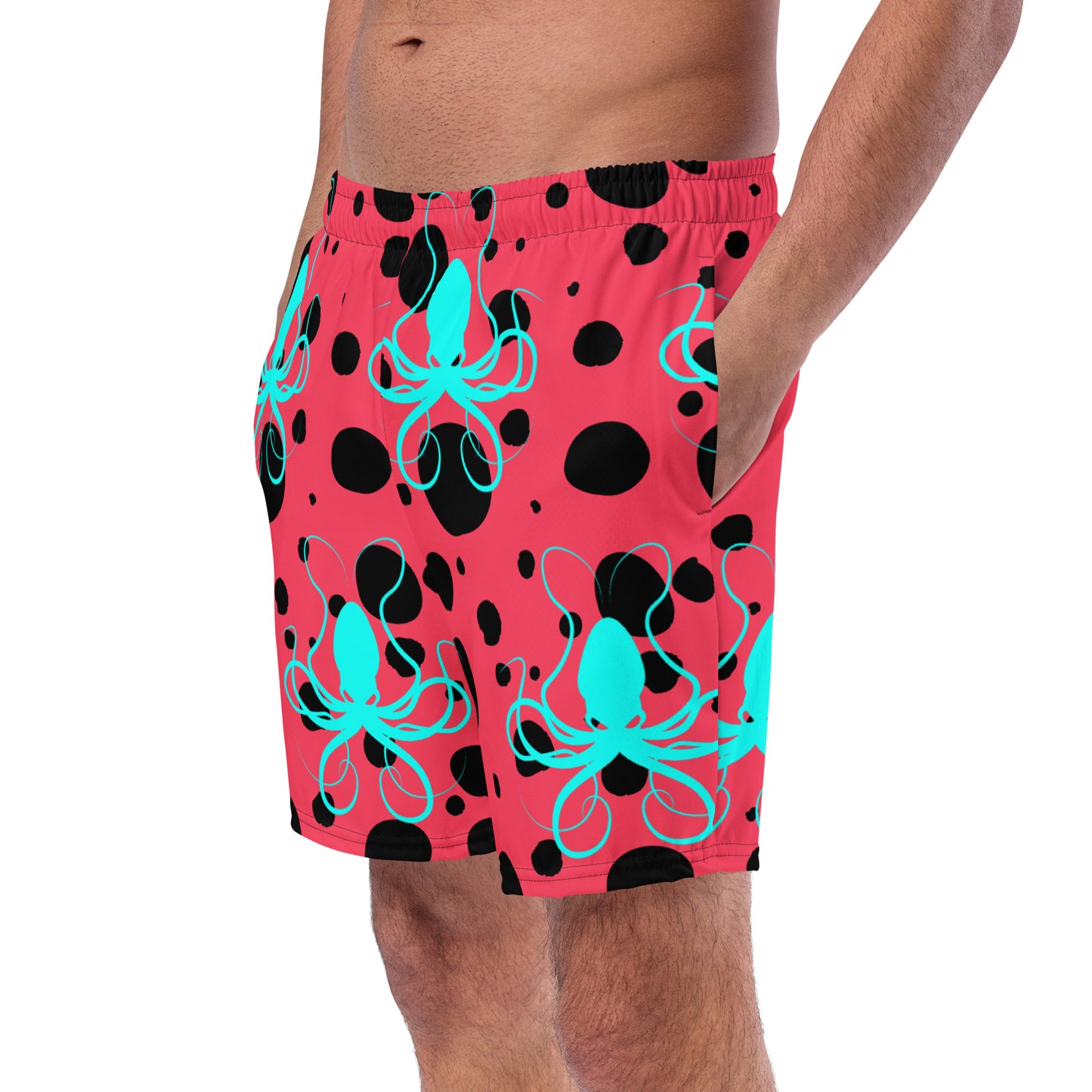 Men's swim trunks - Rad Red trunks with Black Polka Dots and Teal Octopus Got Ink