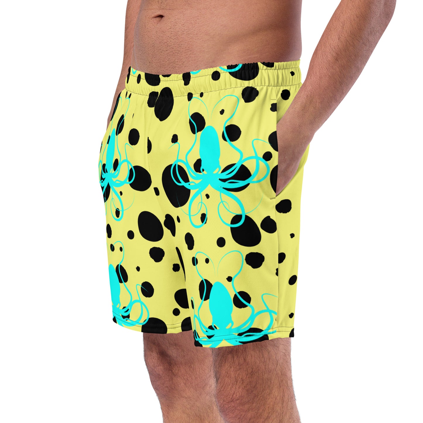 Men's swim trunks - Yellow trunks with Black Polka Dots and Teal Octopus Got Ink