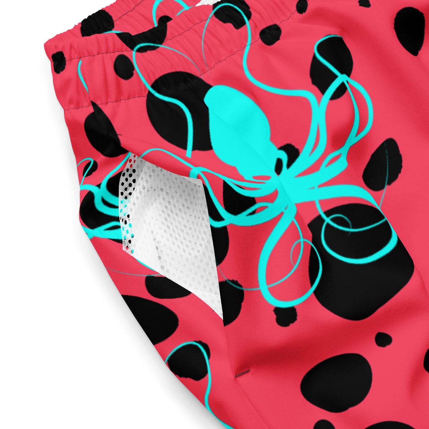 Men's swim trunks - Rad Red trunks with Black Polka Dots and Teal Octopus Got Ink