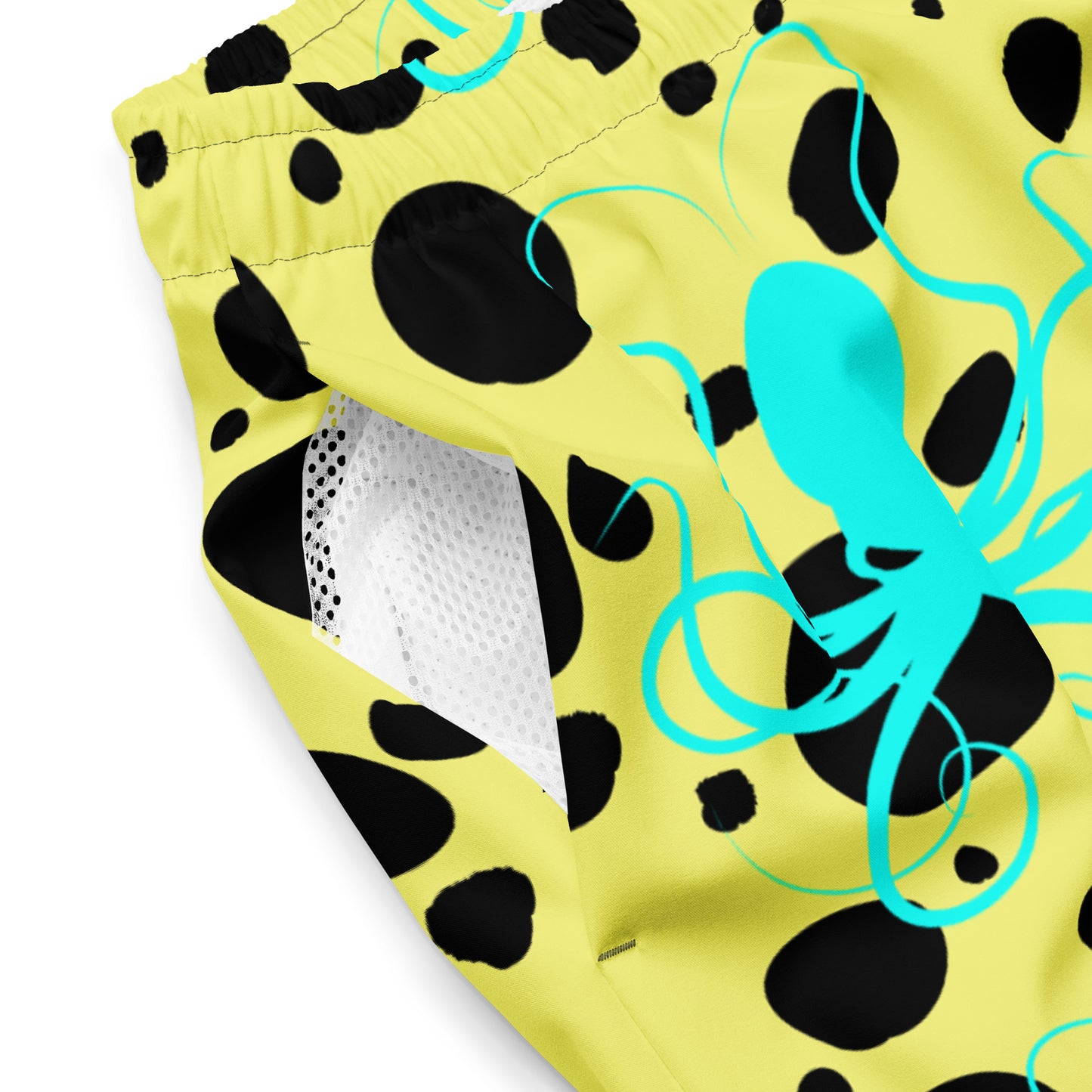 Men's swim trunks - Yellow trunks with Black Polka Dots and Teal Octopus Got Ink