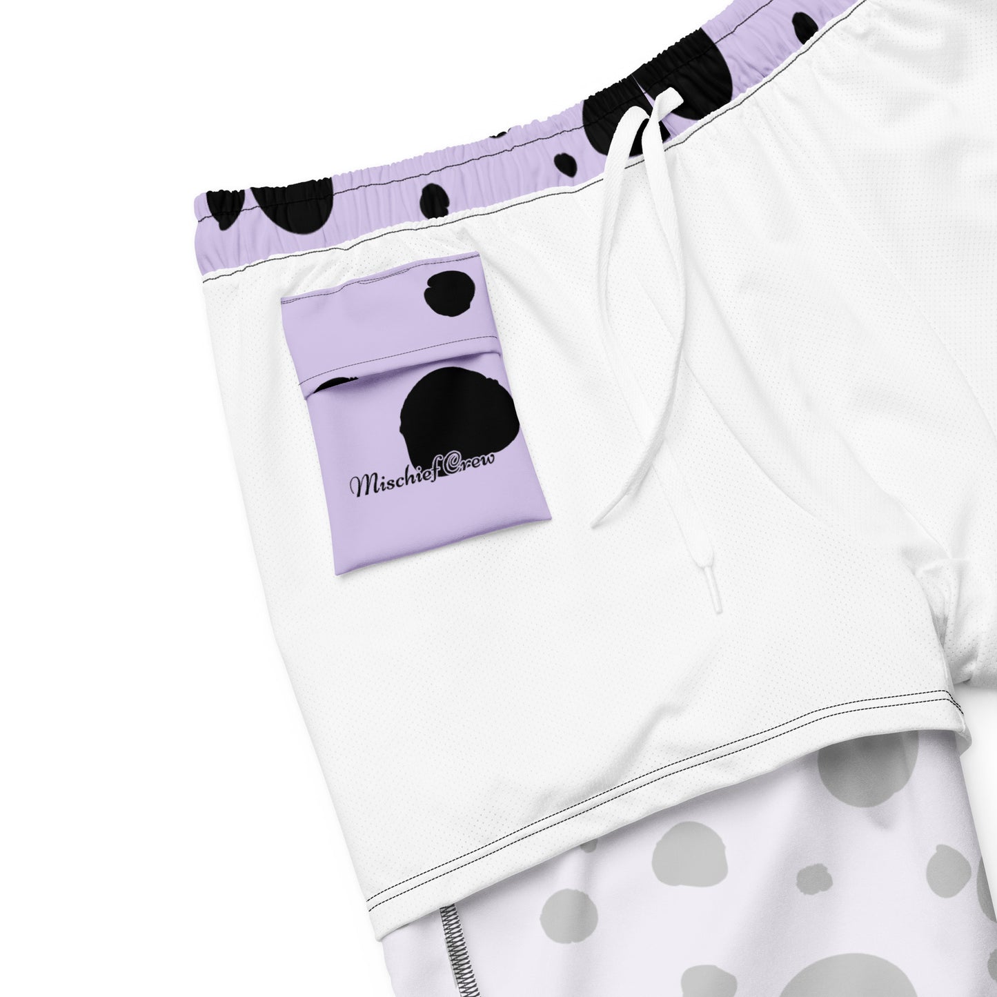 Men's swim trunks - Lavender trunks with Black Polka Dots