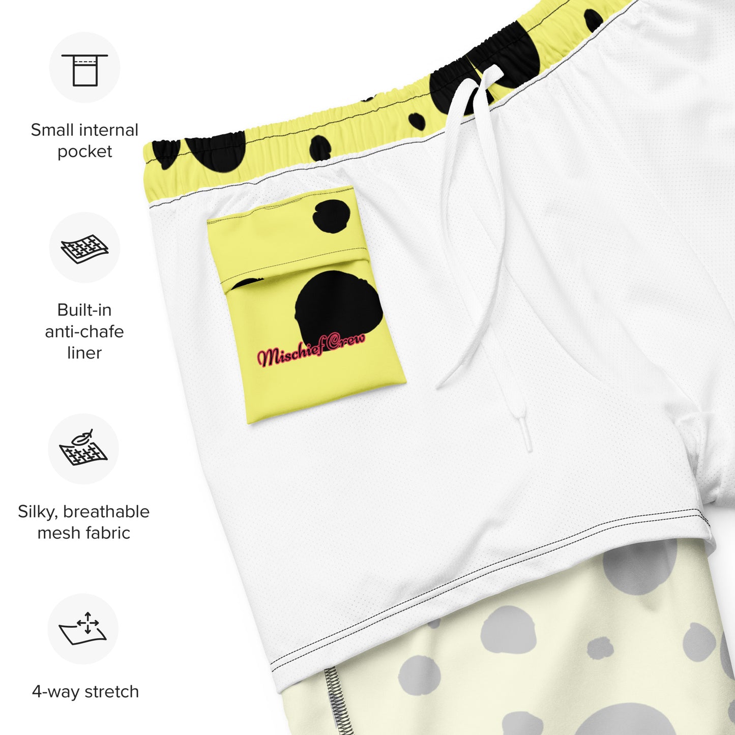 Men's swim trunks - Yellow trunks with Black Polka Dots