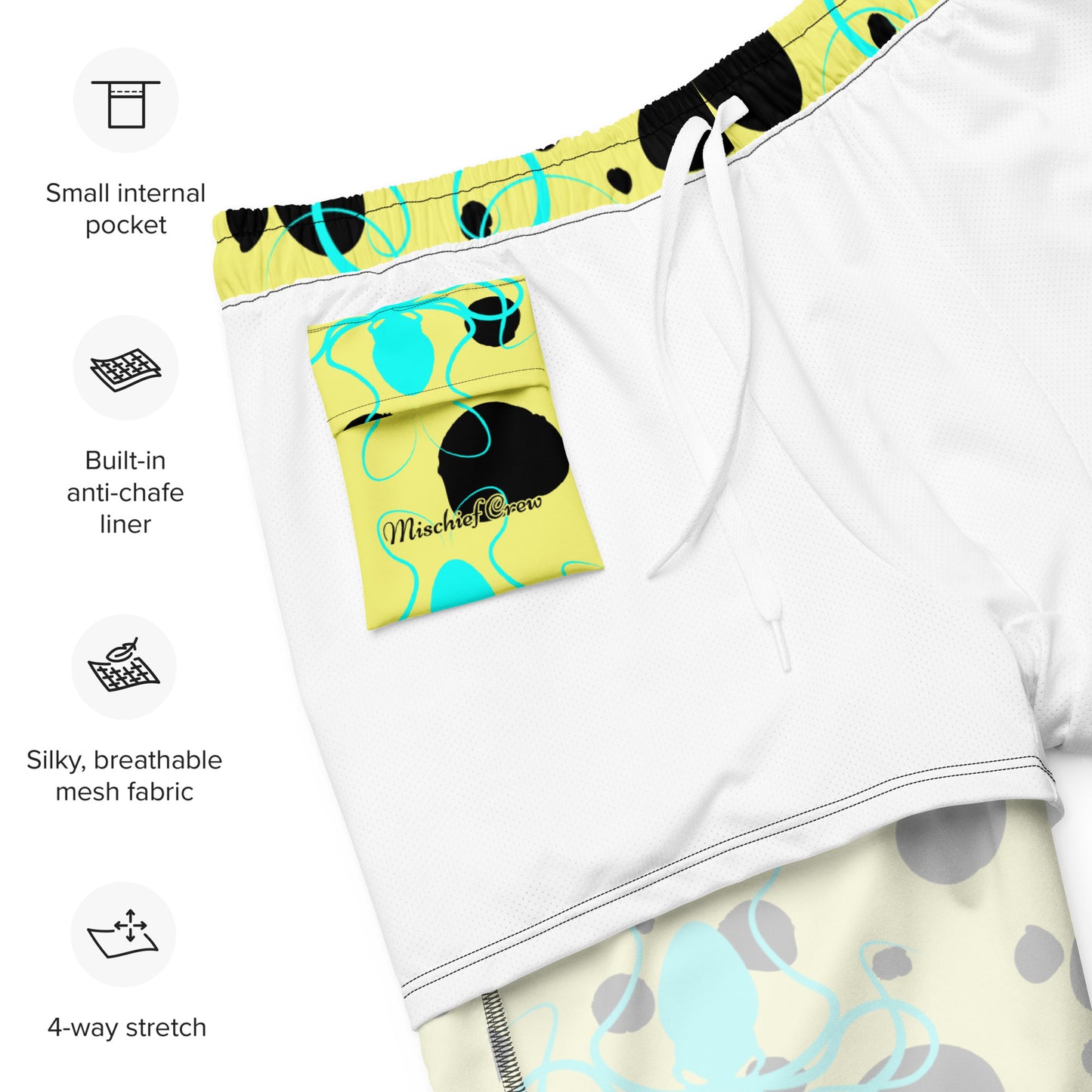 Men's swim trunks - Yellow trunks with Black Polka Dots and Teal Octopus Got Ink