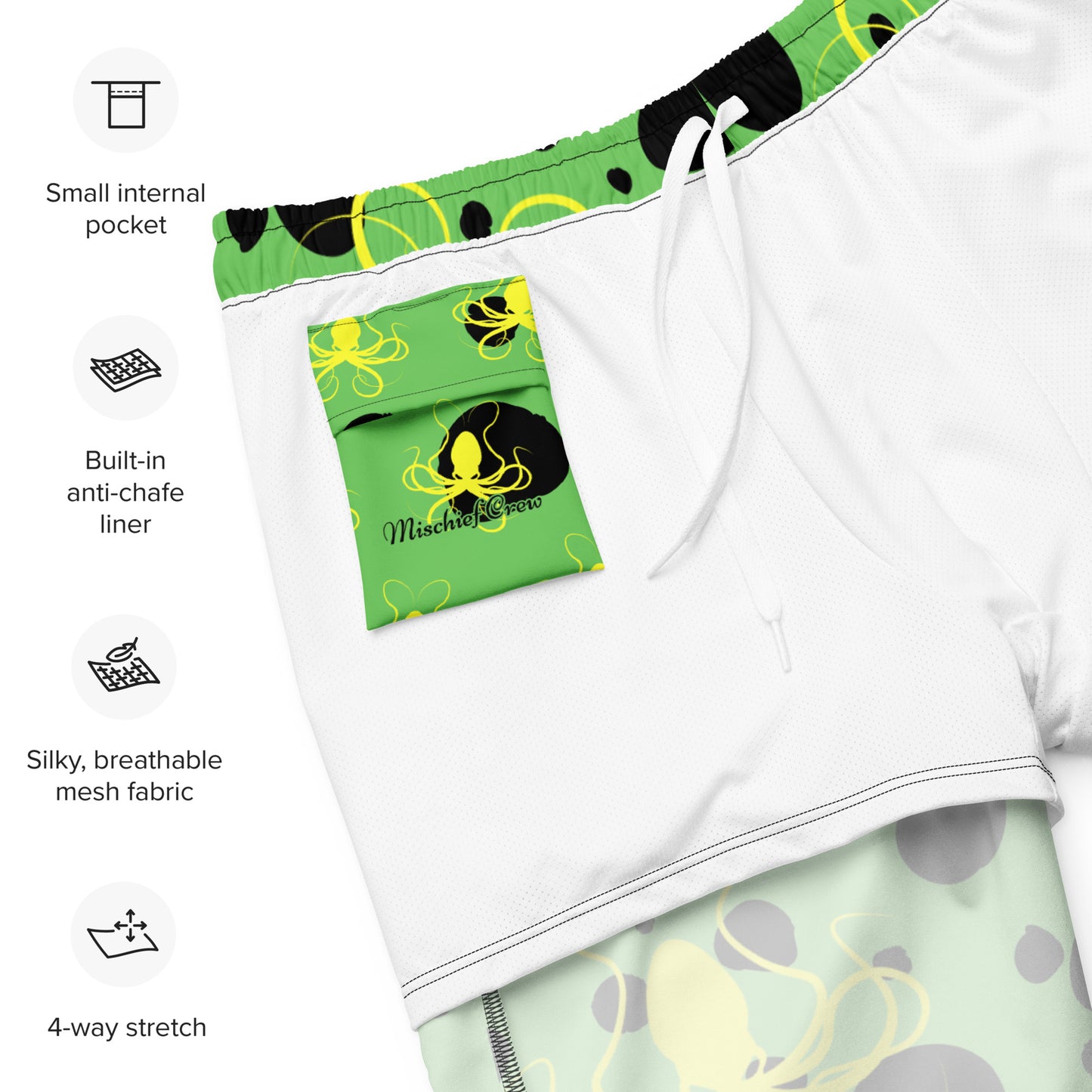 Men's swim trunks - Green trunks with Black Polka Dots and Yellow Octopus Got Ink