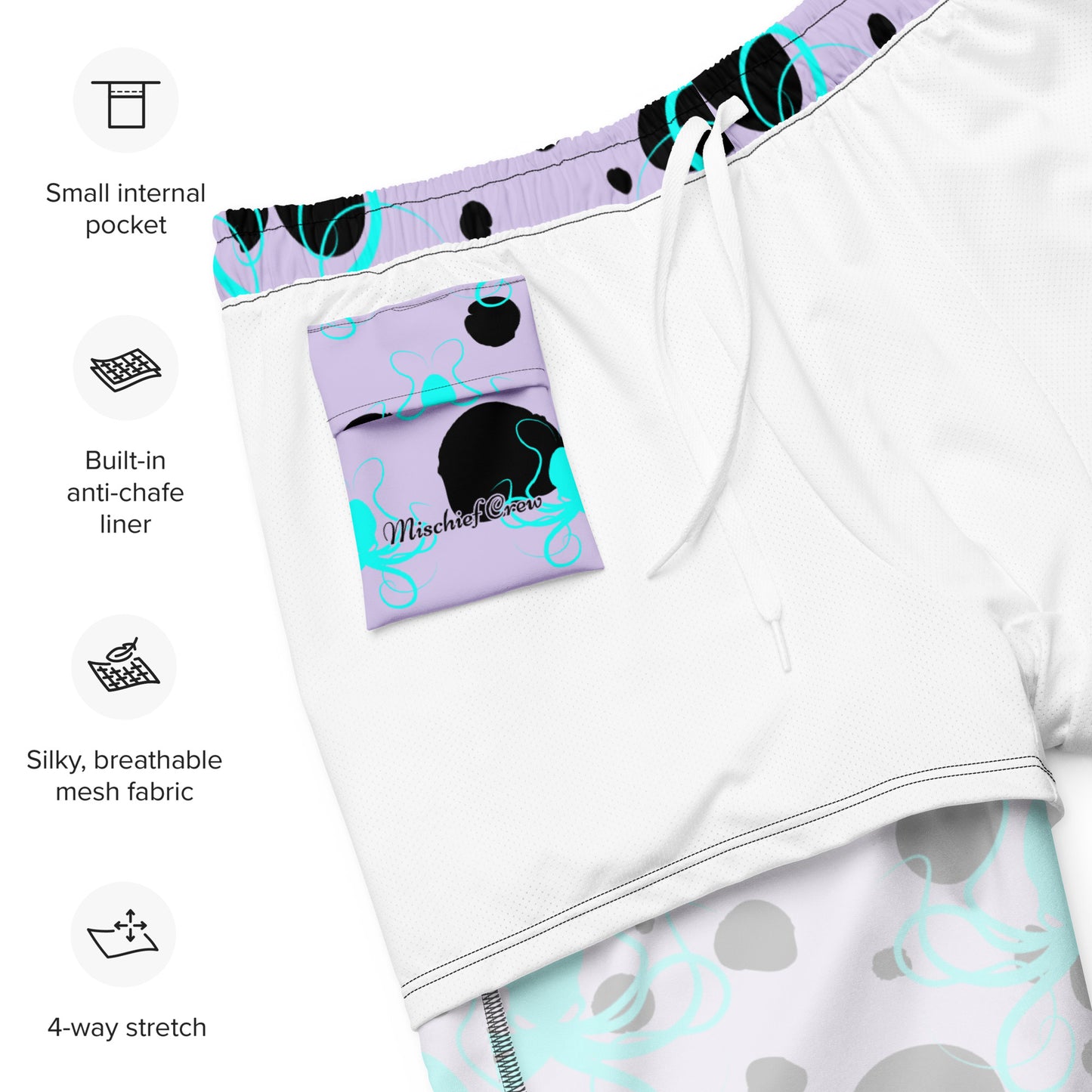 Men's swim trunks - Lavender trunks with Black Polka Dots and Teal Octopus Got Ink