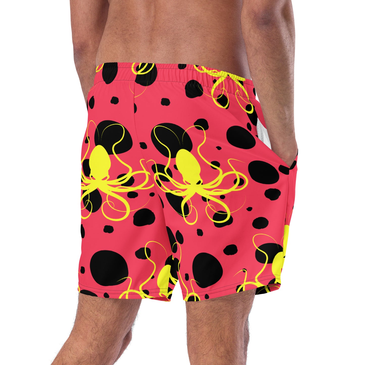 Men's swim trunks - Rad Red trunks with Black Polka Dots and Yellow Octopus Got Ink