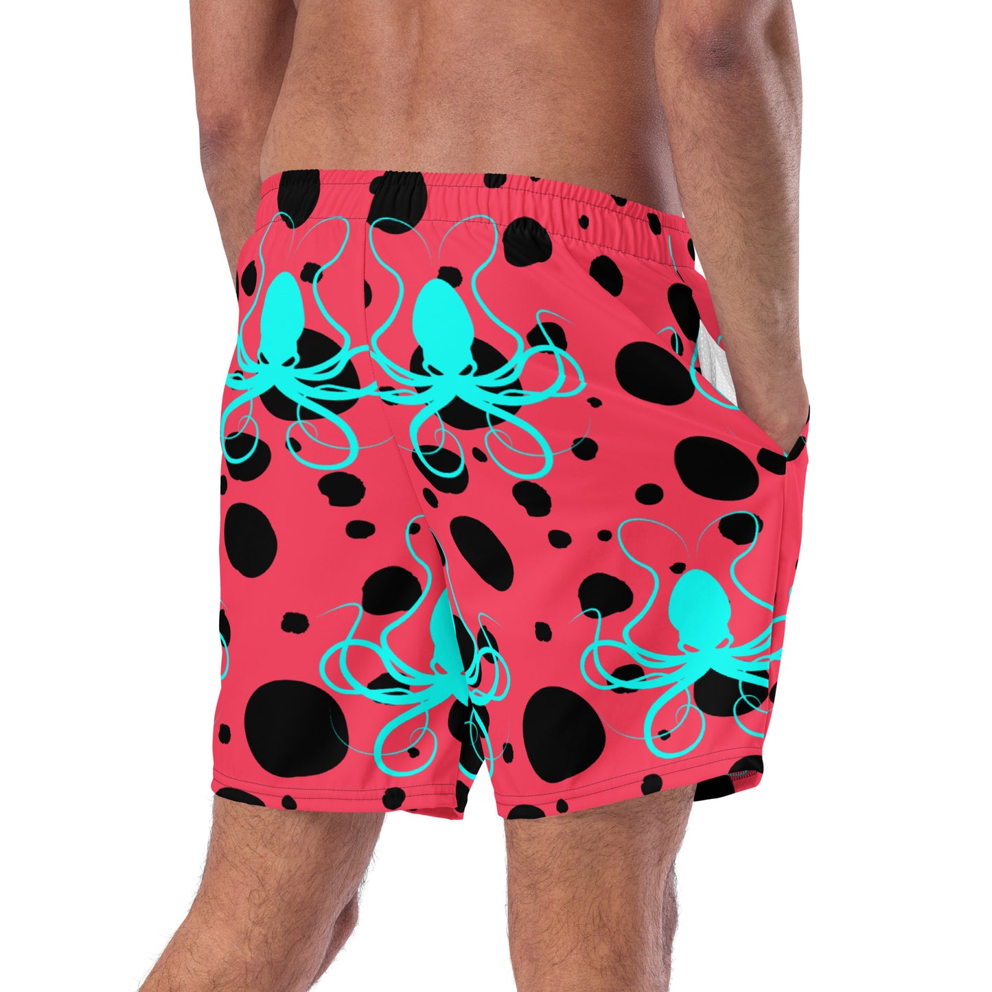 Men's swim trunks - Rad Red trunks with Black Polka Dots and Teal Octopus Got Ink