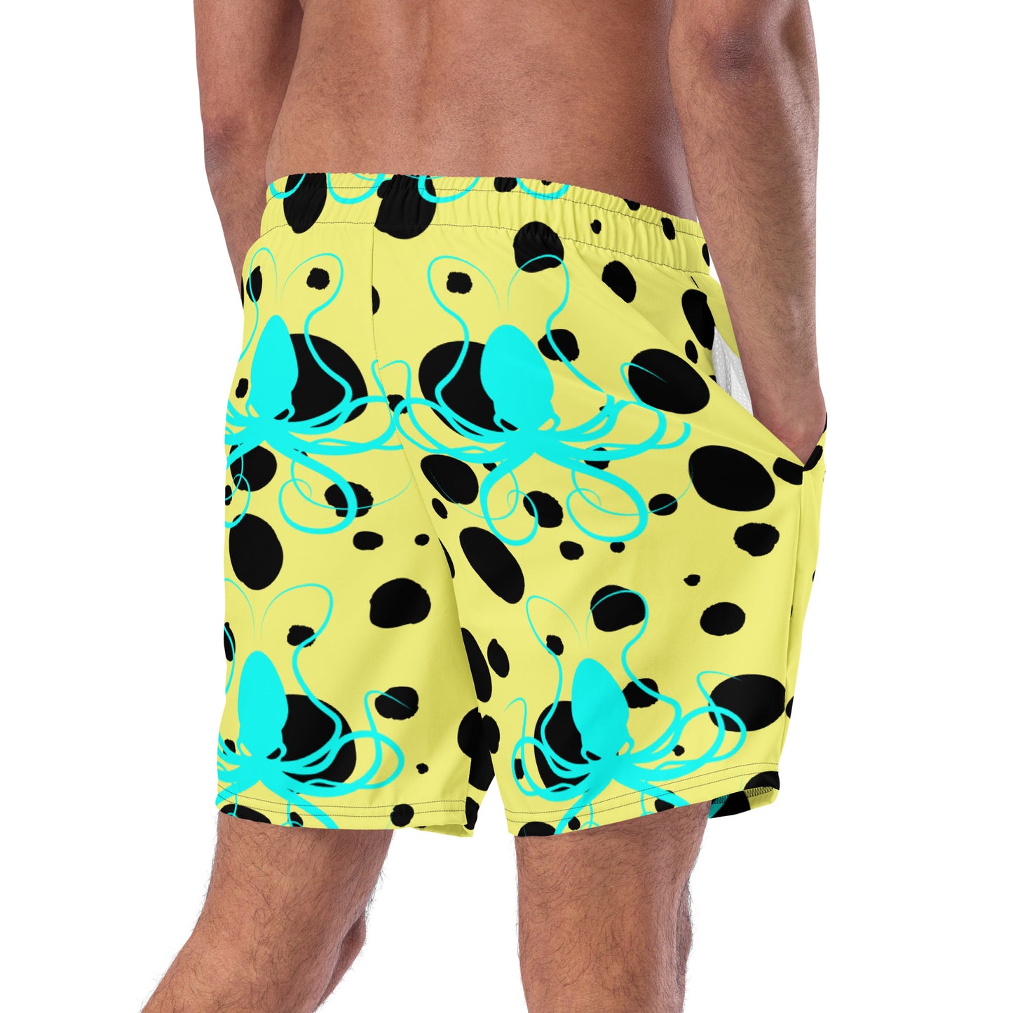 Men's swim trunks - Yellow trunks with Black Polka Dots and Teal Octopus Got Ink