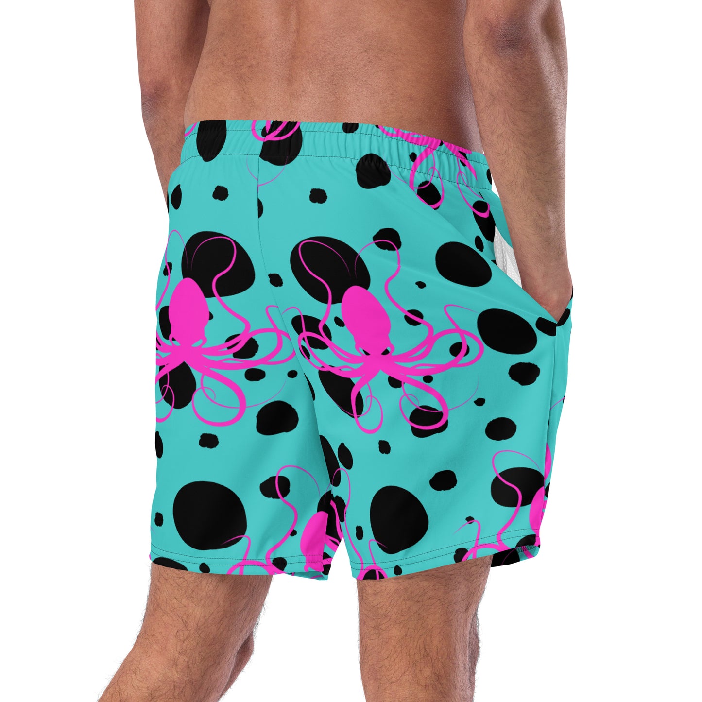 Men's swim trunks - Teal trunks with Black Polka Dots and Hot Pink Octopus Got Ink