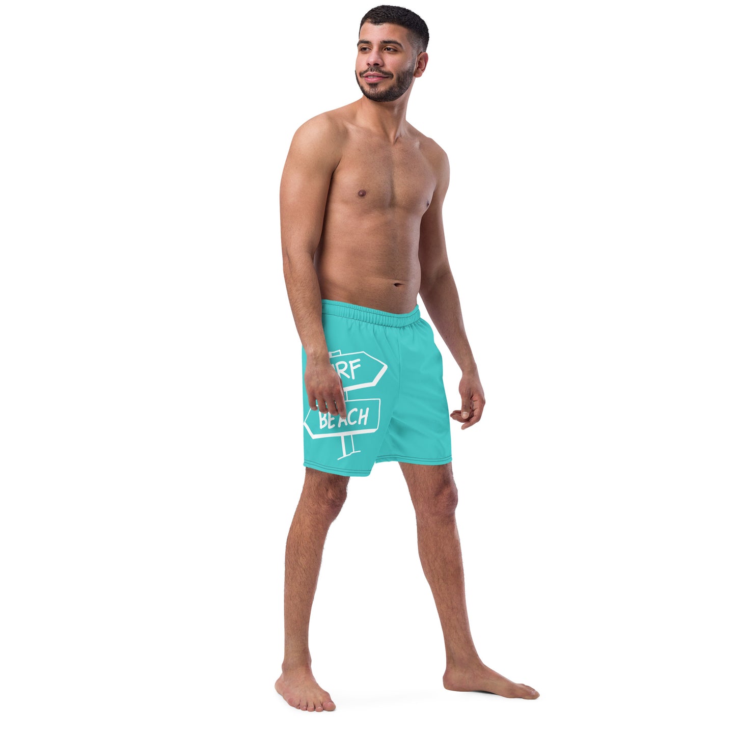 Men's and Youth swim trunks - Dark Turquoise with Beach Signs and Shark