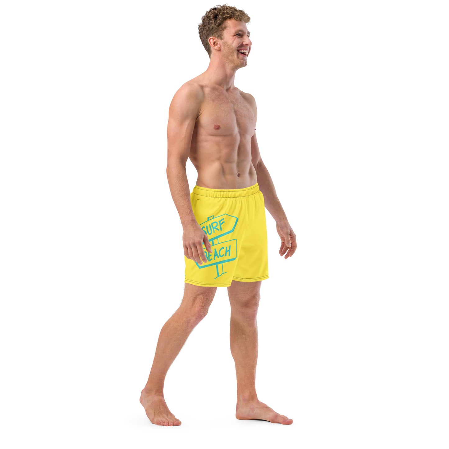 Men's and Youth swim trunks - Paris Daisy Bright Yellow With Beach Signs and Shark