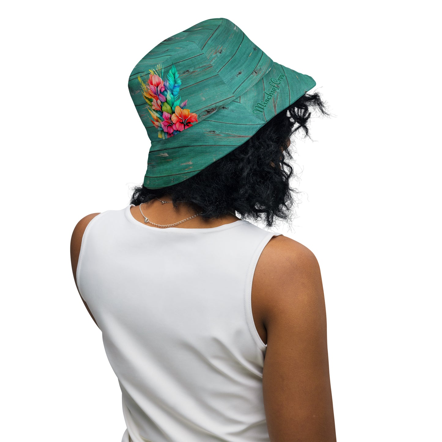 Reversible bucket hat - Pink and White Wood with Blue Flower/ Green Wood with Colorful Flowers