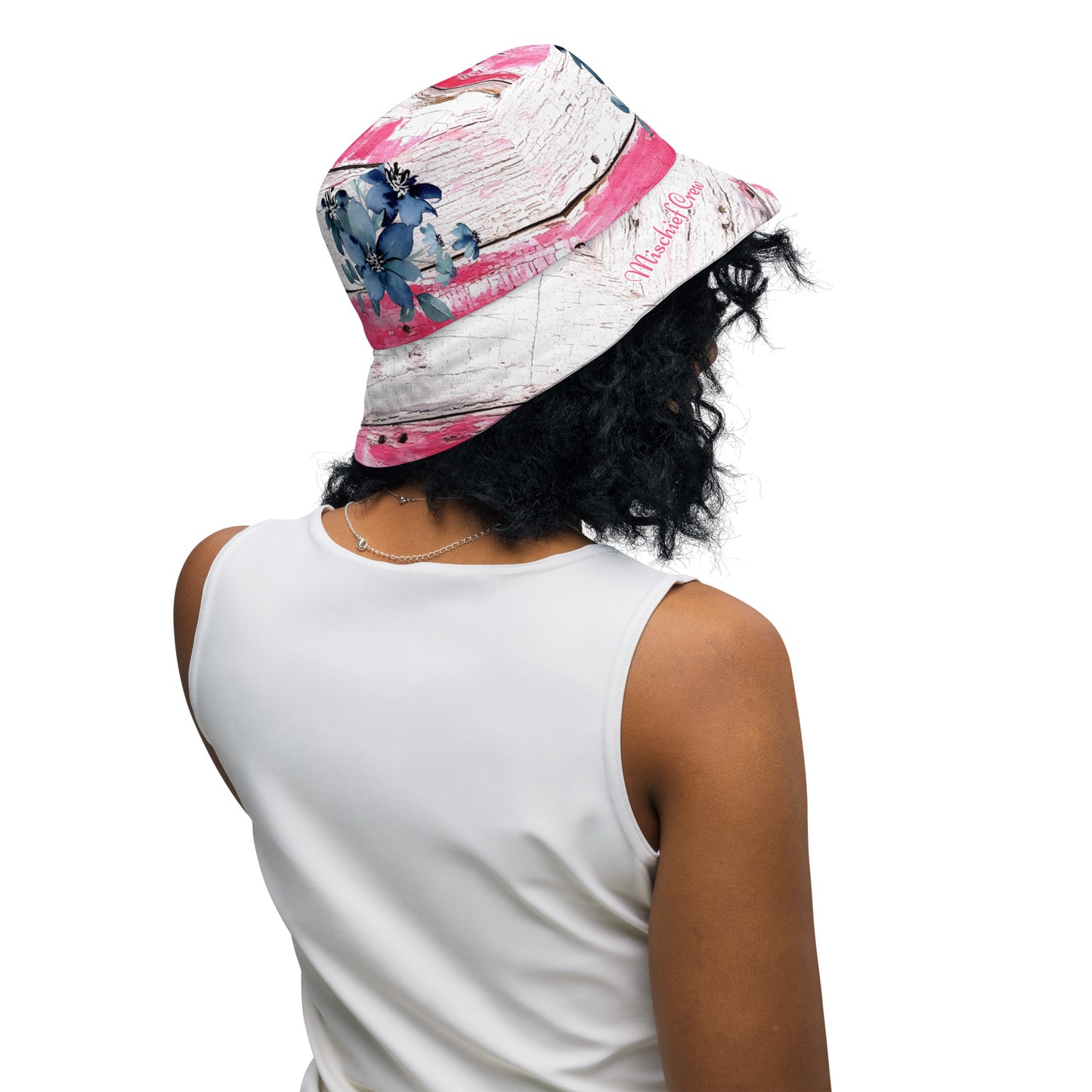 Reversible bucket hat - Pink and White Wood with Blue Flower/ Green Wood with Colorful Flowers