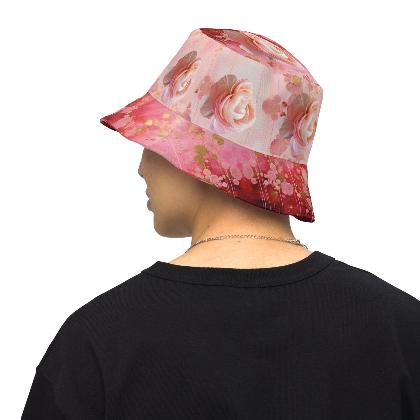 Reversible bucket hat - Red Pink Gold Roses and Blue Flowers Pattern