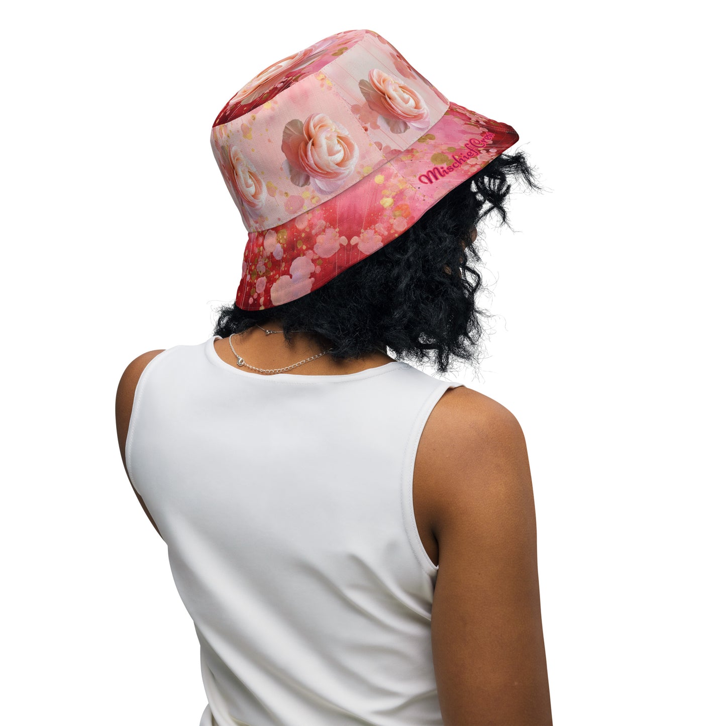 Reversible bucket hat - Red Pink Gold Roses and Blue Flowers Pattern