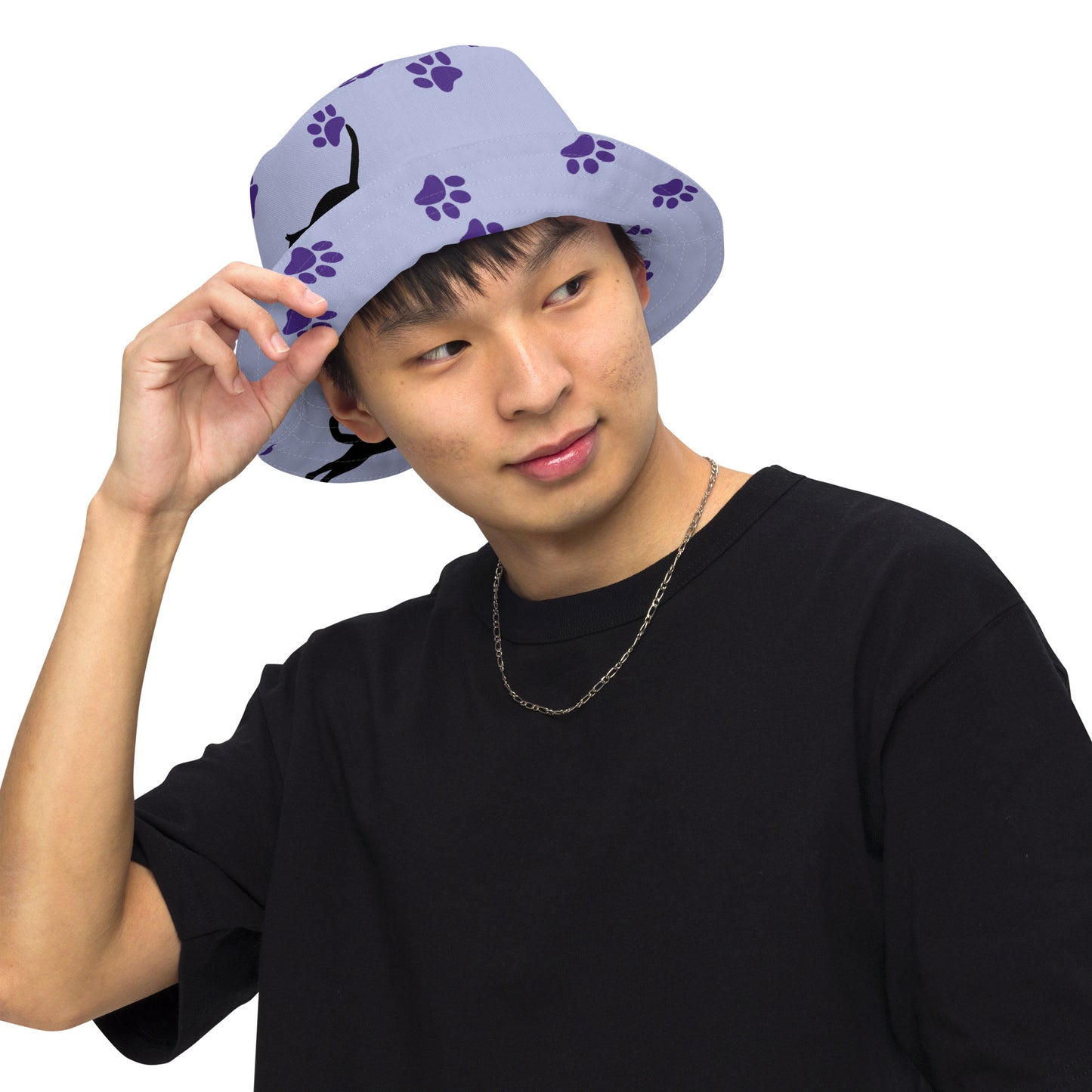 Reversible bucket hat - Cat Run - Black cat with Purple paw Prints on light purple hat