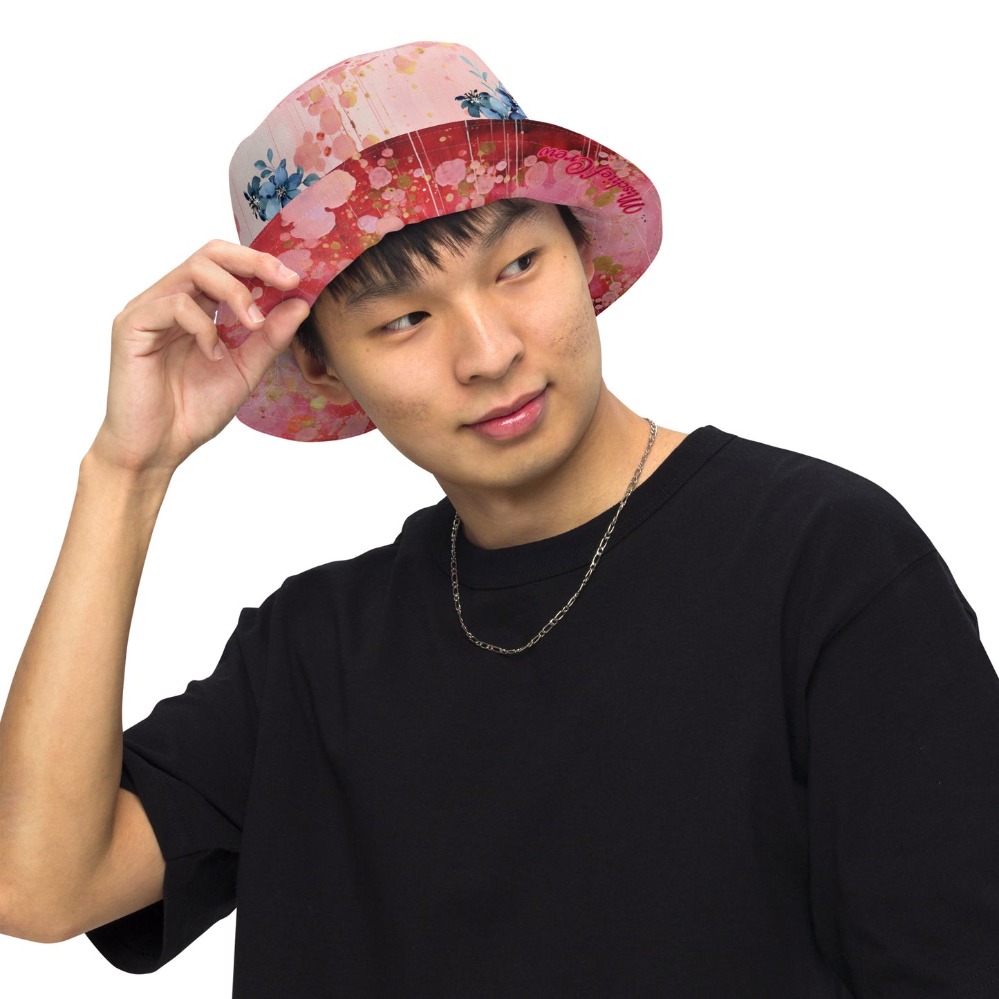 Reversible bucket hat - Red Pink Gold Roses and Blue Flowers Pattern