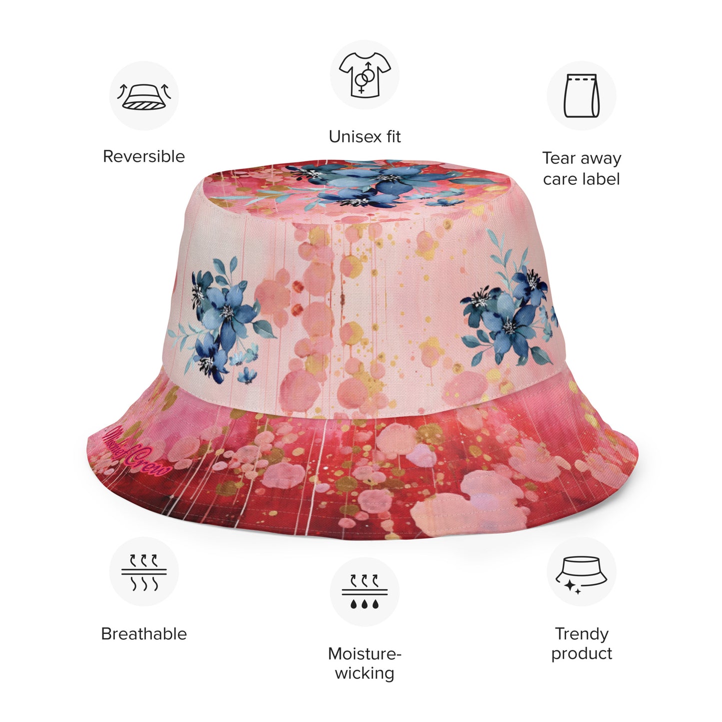 Reversible bucket hat - Red Pink Gold Roses and Blue Flowers Pattern