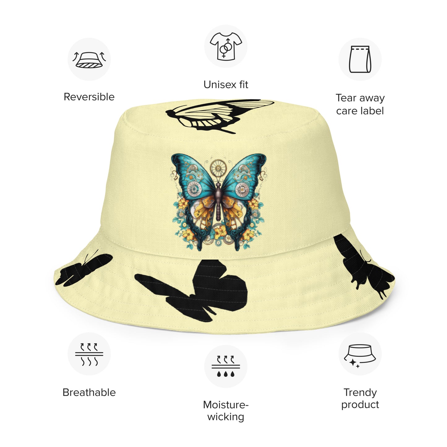 Reversible bucket hat - Steampunk butterfly Black butterflies