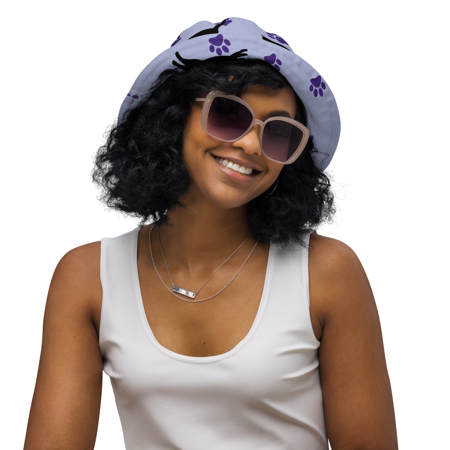 Reversible bucket hat - Cat Run - Black cat with Purple paw Prints on light purple hat