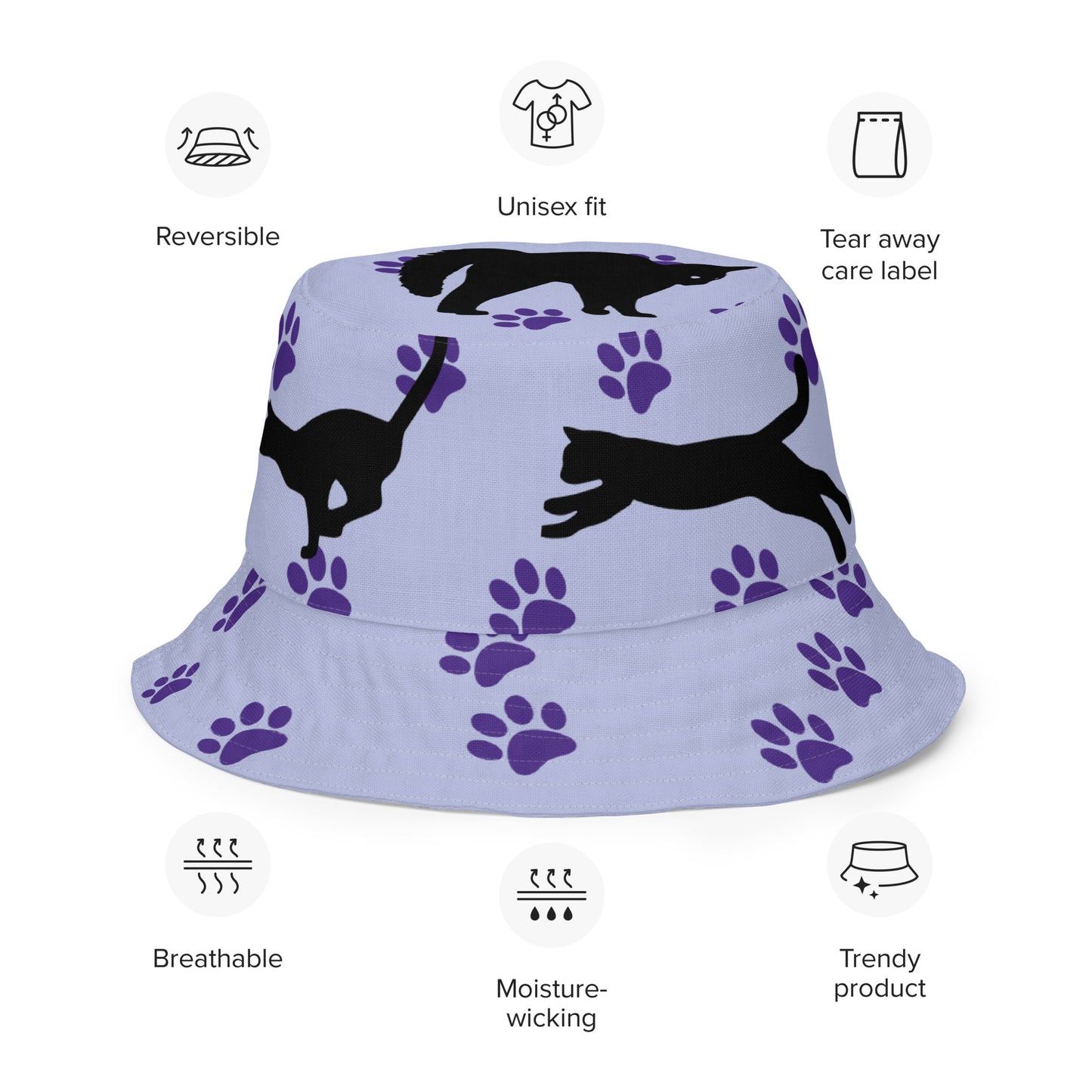 Reversible bucket hat - Cat Run - Black cat with Purple paw Prints on light purple hat