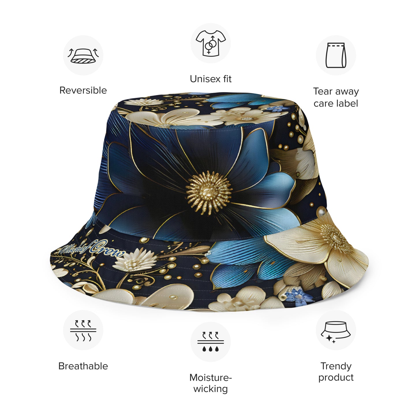 Reversible bucket hat - Blue and Cream Flowers / Blue Gold Grunge