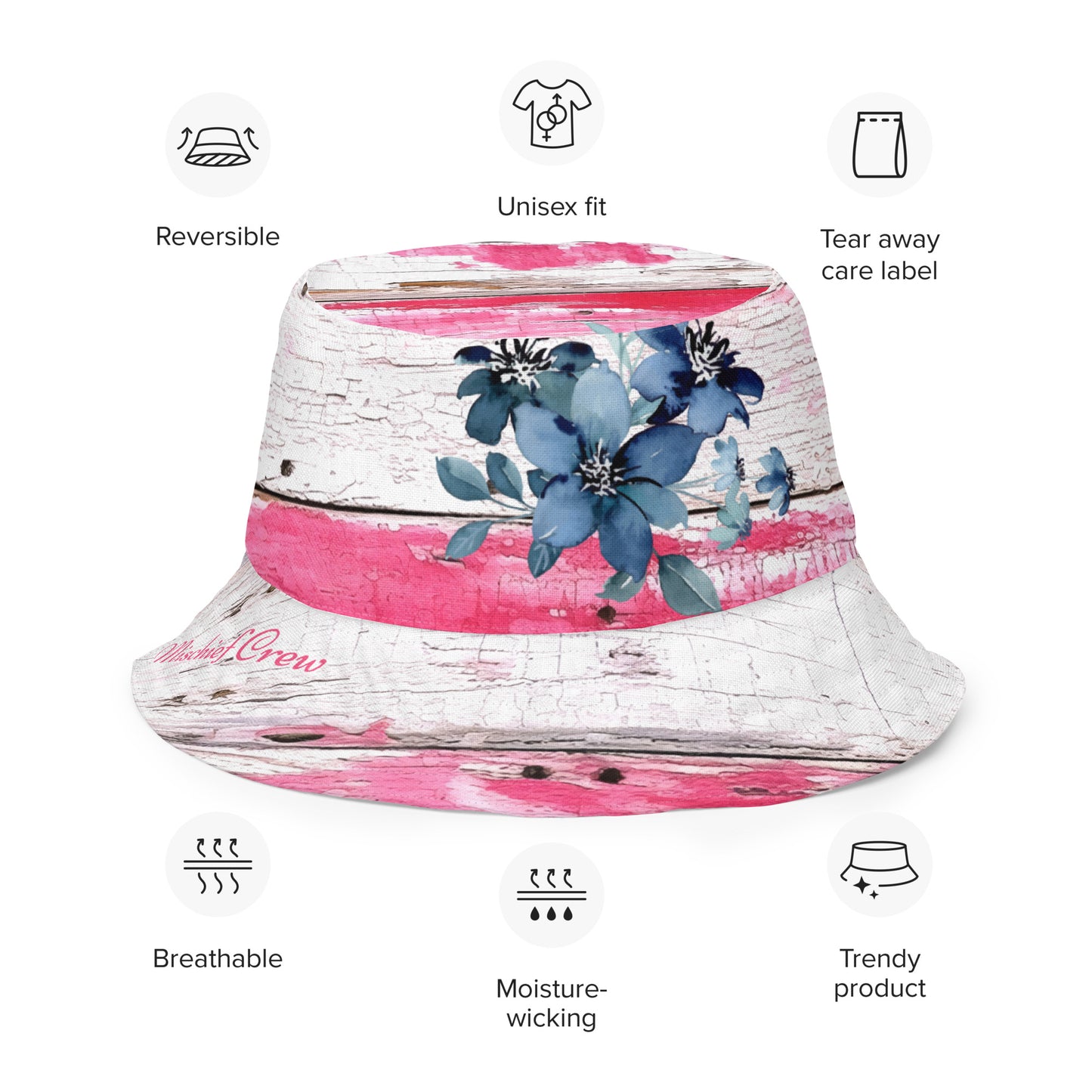 Reversible bucket hat - Pink and White Wood with Blue Flower/ Green Wood with Colorful Flowers