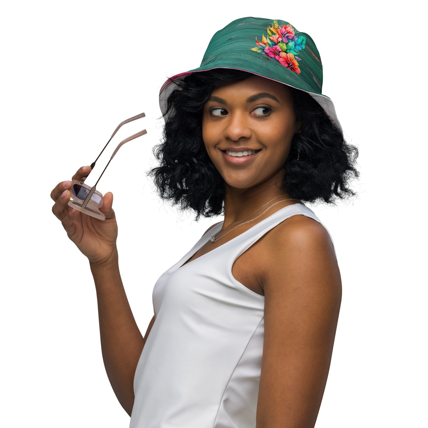 Reversible bucket hat - Pink and White Wood with Blue Flower/ Green Wood with Colorful Flowers