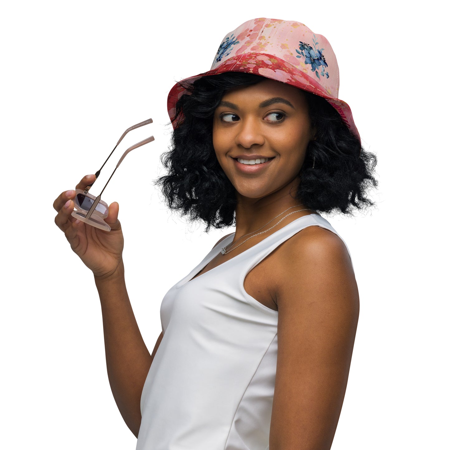 Reversible bucket hat - Red Pink Gold Roses and Blue Flowers Pattern