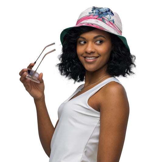 Reversible bucket hat - Pink and White Wood with Blue Flower/ Green Wood with Colorful Flowers