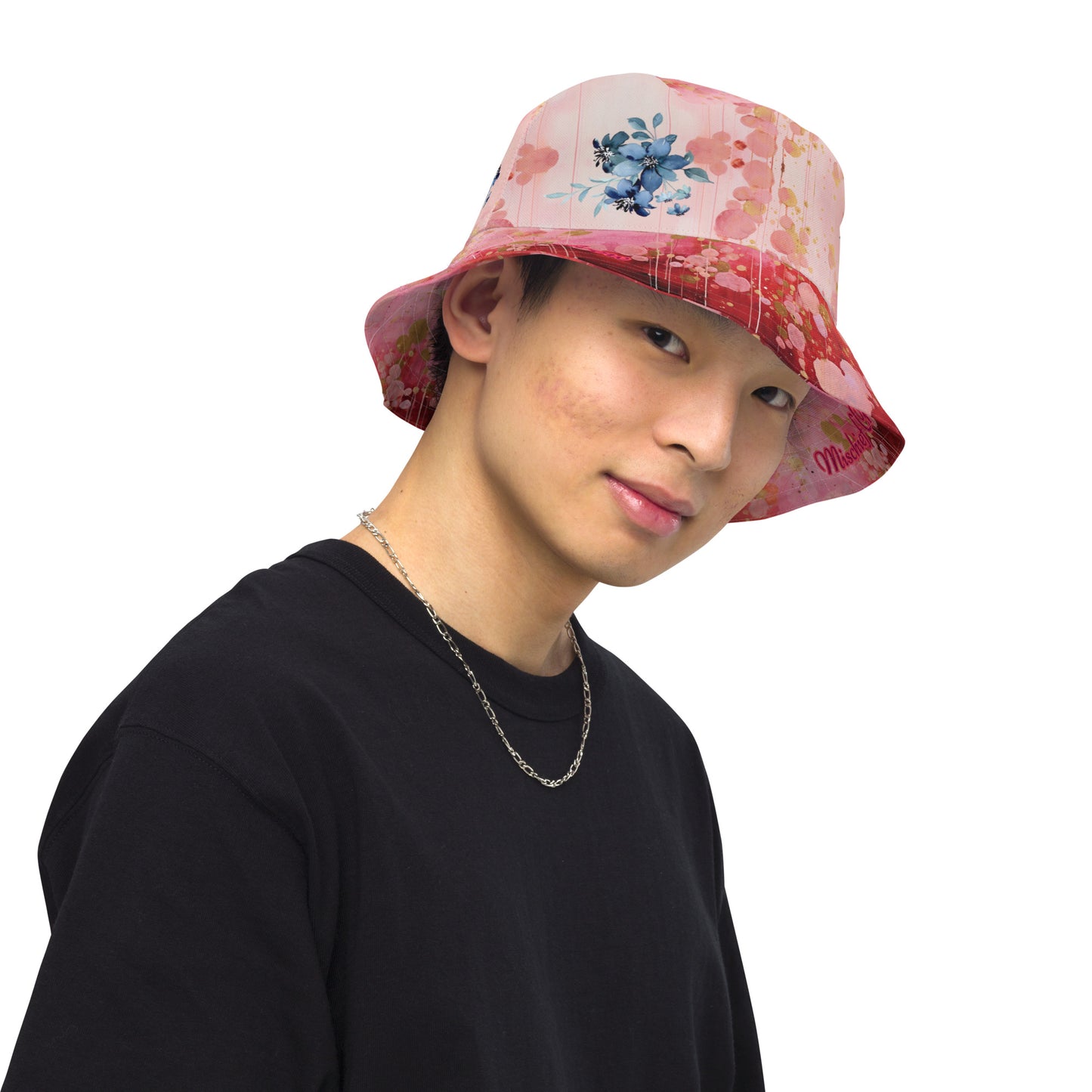 Reversible bucket hat - Red Pink Gold Roses and Blue Flowers Pattern