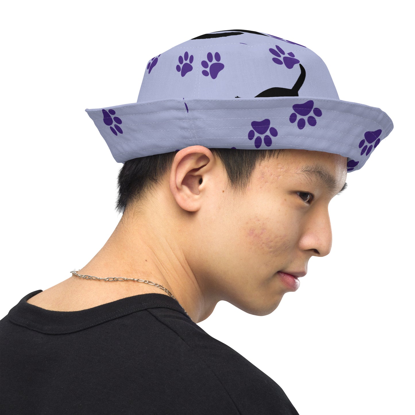 Reversible bucket hat - Cat Run - Black cat with Purple paw Prints on light purple hat