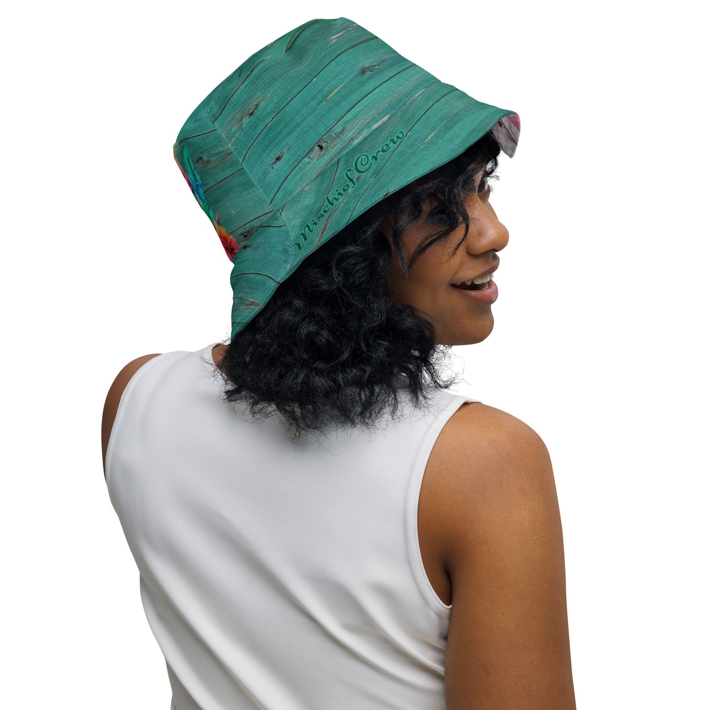 Reversible bucket hat - Pink and White Wood with Blue Flower/ Green Wood with Colorful Flowers