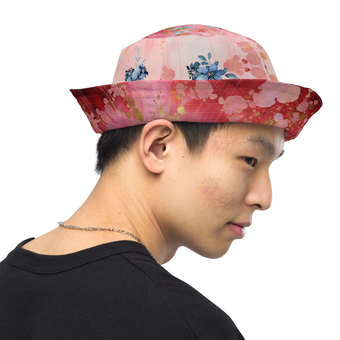 Reversible bucket hat - Red Pink Gold Roses and Blue Flowers Pattern